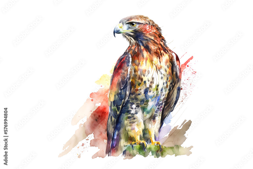 Poster hawk drawn with multi-colored watercolors isolated on a white background. generated by ai