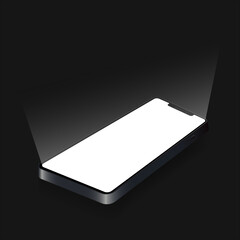 Glowing smartphone with blank screen on black desktop. Front view. Dark banner with a smartphone in black color. 3D mobile phone. Vector illustration isolated on black background. EPS 10