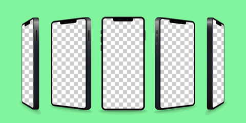 Smartphone mockup collection. Realistic models smartphone with transparent screens. Device front view. 3D mobile phone with shadow. Vector illustration isolated on green background. EPS 10