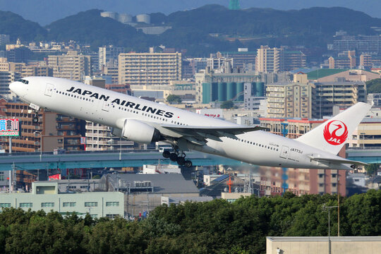 Japan Airlines Boeing 777-200 airplane at Fukuoka airport in Japan