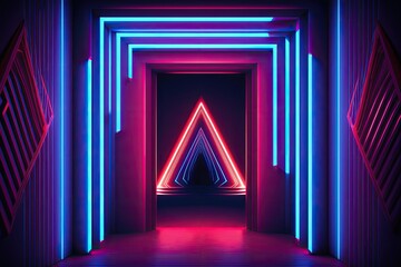 violet neon lights, arch, infrared spectrum bright hues, laser show; red neon triangular doorway; glowing lines; triangle; tunnel; corridor; virtual reality; abstract fashion backdrop;. Generative AI