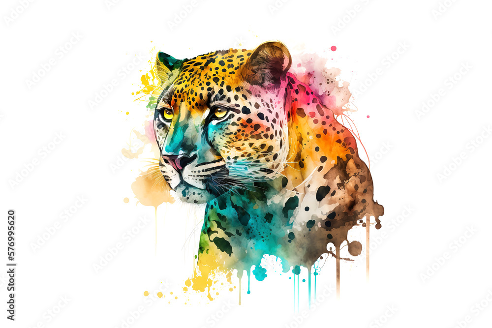Poster leopard is drawn with multi-colored watercolors isolated on a white background. generated by ai