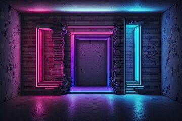 Neon Rectangle Frame Shaped Lines Tubes Futuristic Sci Fi Elegant Modern Illustration of purple, pink, and blue colored lights in a dark, empty, grungy, concrete, brick room. Generative AI