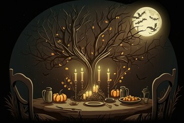 Foreground for a Halloween party an antique table set with candles and branches against a full moon. Generative AI