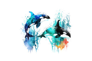 killer whales are drawn with multi-colored watercolors isolated on a white background. Generated by AI