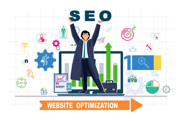 Businessman stands on a laptop monitor. SEO trends to rank your website. Search Engine Optimization. Business icon, flat design presentation, sign. Can be used in business technology.Vector, financial