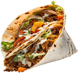 Colorful tortilla, delicious shoarma, fast food, tortilla with meat and vegetables, kebab in a tortilla. Generative AI