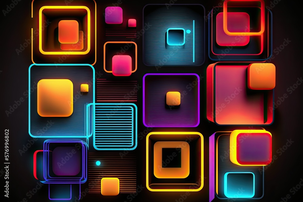 Aufkleber neon geometric abstract backdrop. light from lasers for a laser show on stage. bright squares and re