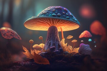 Orange mushroom in the night, generative, AI