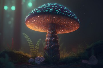 Magic mushroom in the forest nighttime, generative, AI
