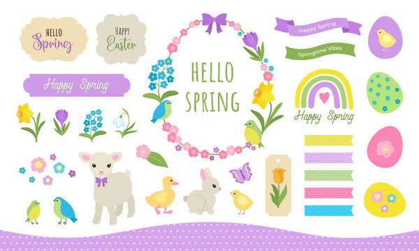 Spring clipart set. Cute springtime icons with eggs, animals, birds, flowers, leaves. Banner label tag design elements with text. Easter flat design graphics collection. Cottagecore theme.