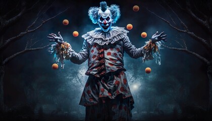 Scary clown in a dark night that gives you goosebumps. Generative AI