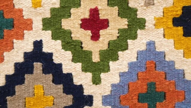 Colorful Ornament On A Traditional Camel Wool Carpet Close-Up