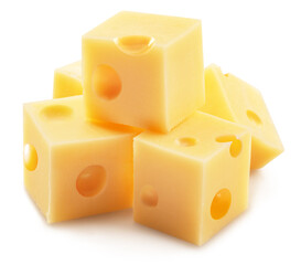 Pyramid of Emmental cheese cubes isolated on white background. File contains clipping path.