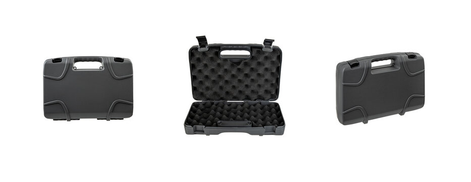 Black plastic container with foam inside for safe storage and transportation of fragile and expensive items. Sturdy plastic case. Isolate on a white back.