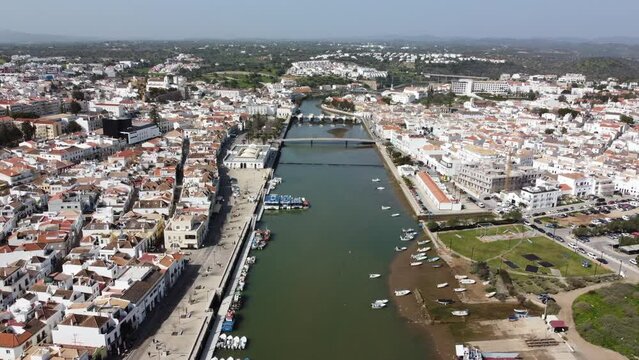 Tavira Algarve Portugal drone shot up the Galao River from the fishing harbour in the Town