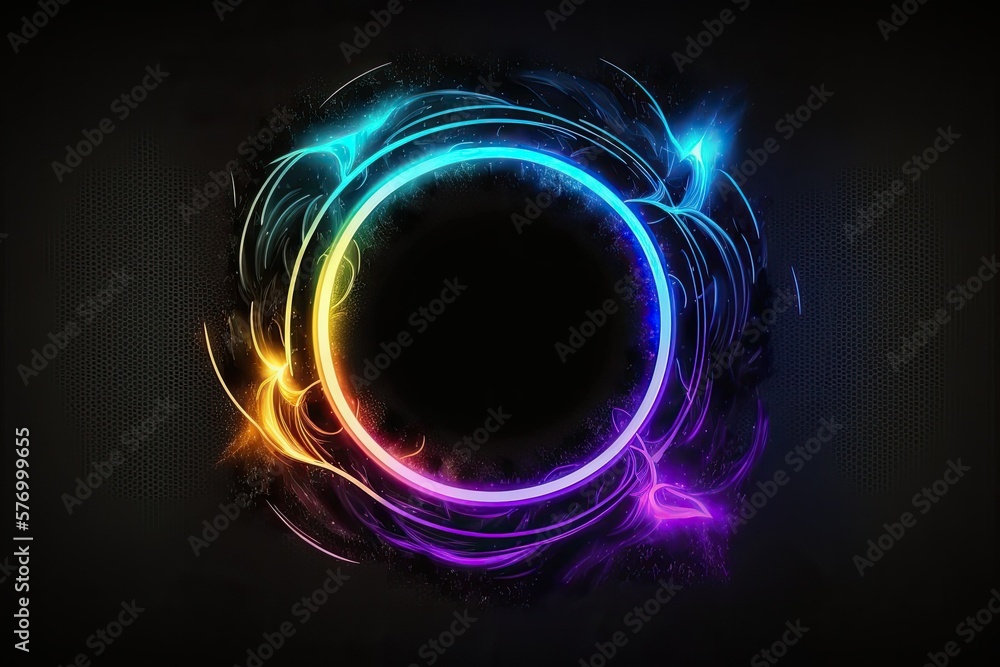 Poster magical portal in the shape of a circle. a geometric circle of neon colors on a black background. mo