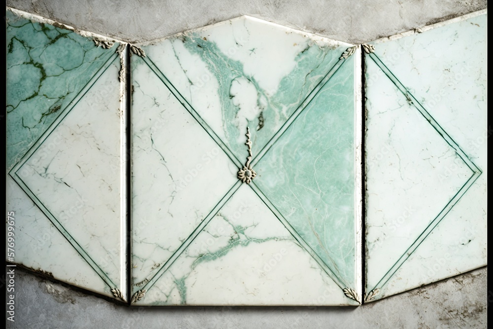 Wall mural For use as a wall or floor tile, this polished marble has an Aqua Green stone texture. Antique satuario tiles with a smooth finish, used as a luxury wallpaper background. Generative AI