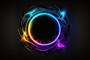 magical portal in the shape of a circle. A geometric circle of neon colors on a black background. Modified smoke from the future. Generative AI