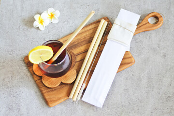 Wooden Straw, and Wooden Tray with Lemon Tea : Eco-Friendly Cutlery