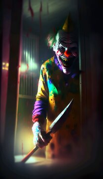 Clown with a scary look with a big knife in his hand. Generative AI.