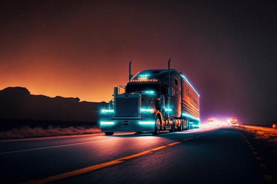 a large semi-trailer moves along the highway at night with its headlights on, generative ai.
