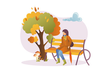 Concept Autumn with people scene in the flat cartoon style. Woman sat down to rest after a walk on a bench in an autumn park.