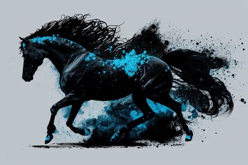 A moving black stallion on a background of black dust clubs. Generative AI