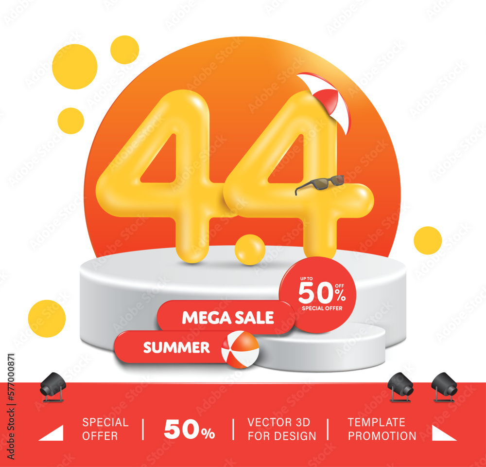 Wall mural Number 4.4 yellow 3D place and display on white round podium and in front there is a promotional sign in mega sale campaign and summer sal 50% off