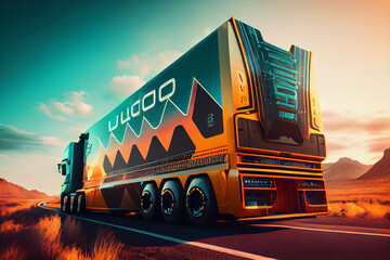 Largo cargo truck on highway, futuristic cyber technology concept. Created with Generative AI technology