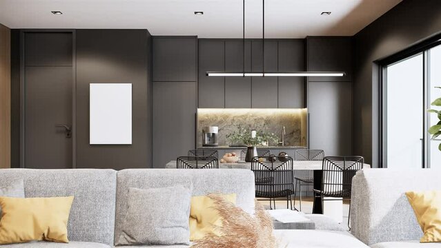Modern interior design of the apartment Stylish interior of black kitchen-living room. 3d rendering visualization