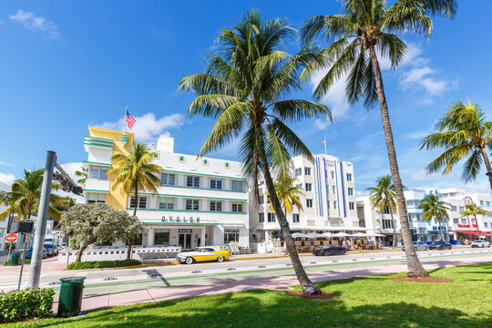 Ocean Drive with hotels in Art Deco architecture style in Miami Beach Florida, United States