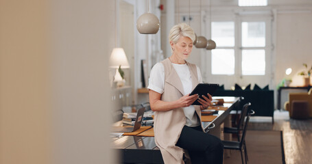 Business woman with tablet, senior and ceo face in modern office, prepare for meeting and...