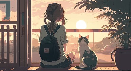 cartoon illustration style of a girl, cat owner with her cat at sunset balcony, Generative Ai