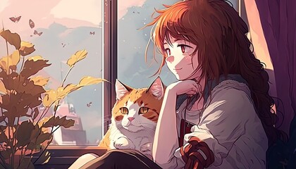 cartoon illustration style of a girl,  cat owner hugging her cat, Generative Ai