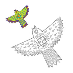 Decorative coloring page with bird, easter flying bird, tattoo design, print design