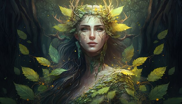 illustration of an ancient forest goddess with leaves and vine as her clothes, Generative Ai