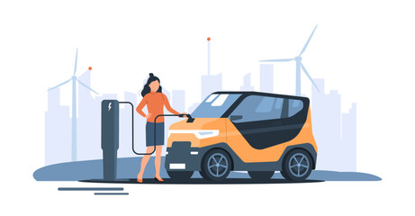 A woman connects her compact electric car to the charger. Vector illustration.