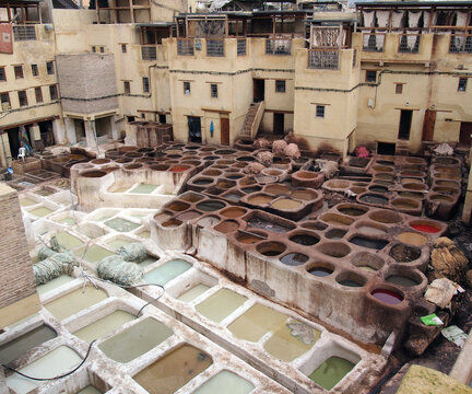 Famous place in Morocco. We see clay vats and areas where leather is processed.