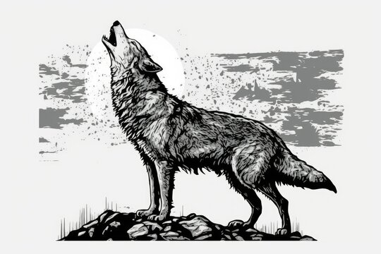 Image of a howling gray wolf on a white background. Generative AI