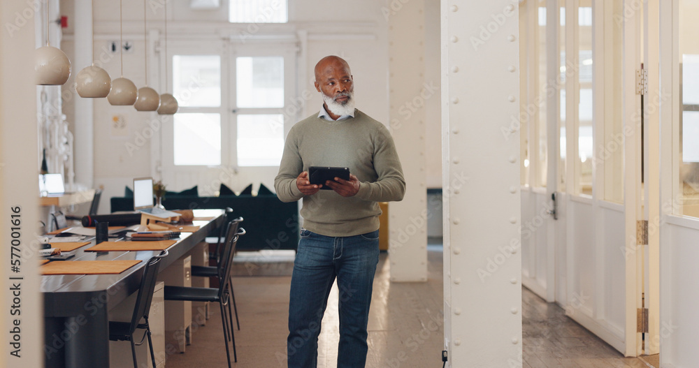 Poster Planning, networking and black man in real estate with a tablet, reading email and search for property online. Connection, typing and senior African realtor walking with tech for communication on web