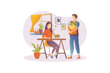 Vegan food concept with people scene in the flat cartoon design. Young couple has given up animal food and supports a vegan lifestyle.