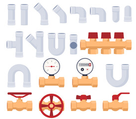 Spare parts for the pipeline. Bends, connectors, taps and sensors for plastic pipes. Plumbing work in the house. Vector illustration