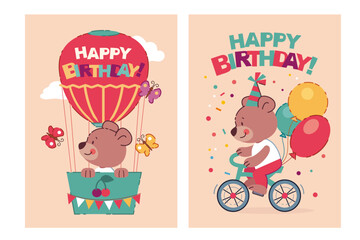Set of happy birthday, holiday, baby shower celebration greeting and invitation card. Cute cartoon bear ride bicycle with ballons, basket, butterfly. Flat vector illustration.