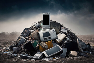 photorealistic picture of a gadget dump in a large garbage field in cloudy weather with gray city skyscrapers in the background