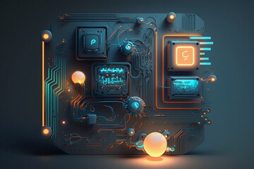 A Futuristic Tech Background with mainboard connectors and connected chips and processors. Ai generated