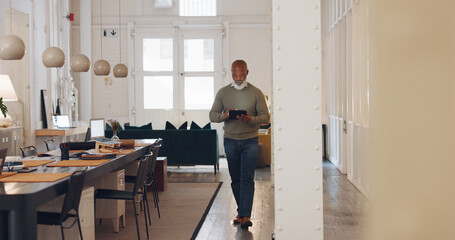 Tablet, realtor or real estate agent networking as a senior manager on digital website or selling...