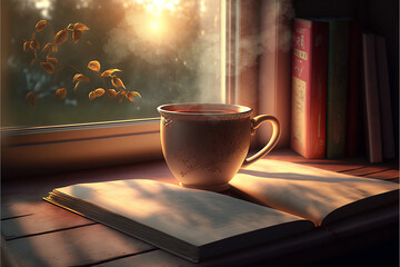 Coffee mug on windowsill, sunrise and skyscrapers in the background. AI generativ