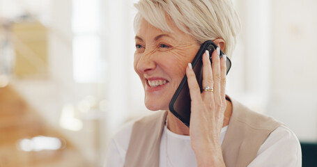 Senior woman, work and home with phone call, communication and laptop on desk for online crm job....
