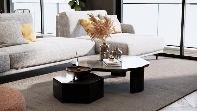 4K video living room interior design and decoration, coffee table, grey carpet, sunlight from window. 3d renderings animation interior scene.